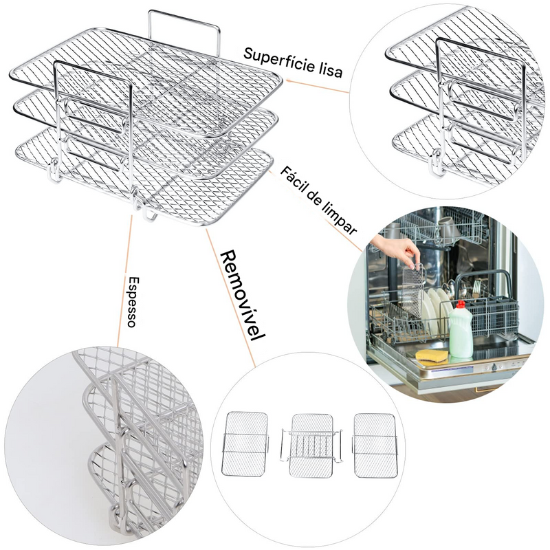 Grade para Air Fryer, Suporte para Torradas em Aço Inoxidável 304, Grelha Multi-Camadas, Churrasqueira
