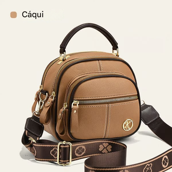 Bolsa transversal de couro com alça larga ajustável e compartimentos multifuncionais clássicos